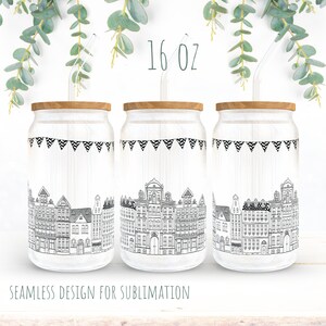 Maisons de ville de Londres 16oz Libbey can Glass Wrap PNG Sublimation seamless design wrap png, guirlande bannière a2