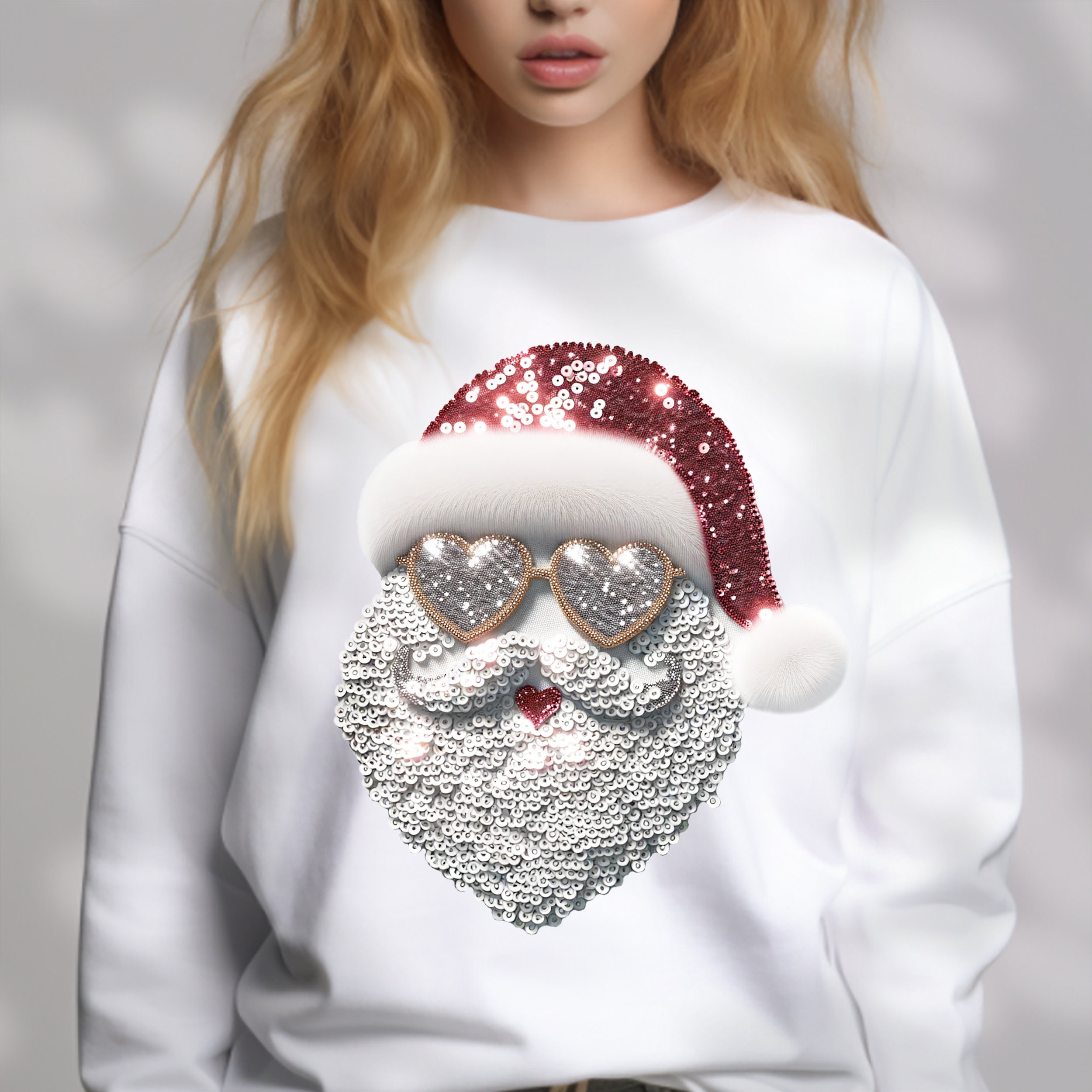Faux Embroidery & Sequin Santa Clause wearing heart sunglasses and Christmas lights PNG, Sublimation Design, DTF Ready, Shimmering png Patch