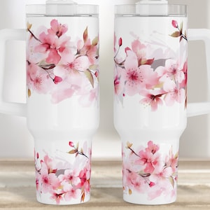 Cherry Blossom 40oz Tumbler Wrap PNG pour modèle de conception de sublimation - Téléchargement numérique - Aquarelle rose - Modèles haut et bas inclus