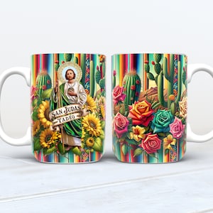 Saint Jude Thaddeus PNG mok wrap set, png-bestanden in 11oz & 15oz maten| Mexicaans patroon met rozen, cactussen, zonnebloemen | Sublimatie afdrukken