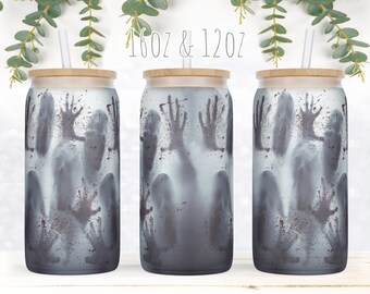 Halloween 16oz 12 oz Libbey can Glass Wrap PNG Sublimation seamless design wrap png blue, scream ghosts blood