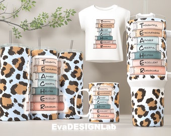Matching Combo Bundle boho Teacher Books Leopard Print Background for 11oz 15oz mug 20oz tumbler,40oz quencher, sublimation wraps shirt png