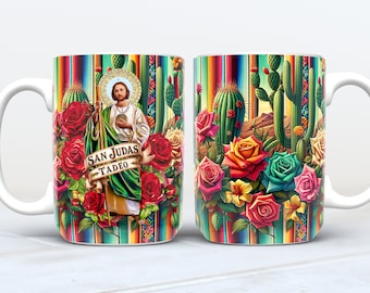 Saint Jude Thaddeus Mug Wrap: Mexican Roses & Cactus Design (PNG Digital Download)