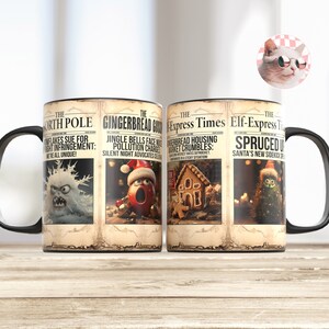 Funny Christmas newspaper headlines PNG wrap sublimate design for 11oz and 15oz mugs, sublimation printing, front page, the North Pole, elf