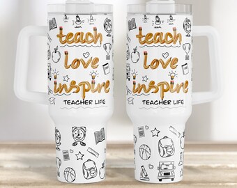 teacher 40 oz  tumble Wrap PNG, teach love inspire doodle and yellow Pencil seamless print sublimation design template, back to school