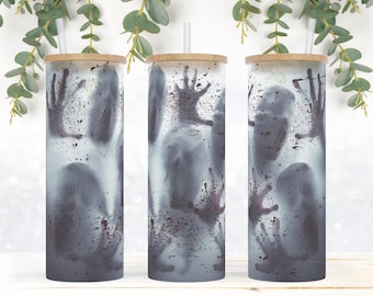 Halloween tumbler PNG wrap for sublimation 25 oz Skinny frosted glass tumbler designs downloads digital download,3d creepy ghosts scream