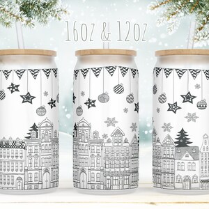 Christmas can glass wrap 16oz 12 oz Libbey glass festive winter, design for can Glass,Wrap PNG Sublimation seamless Xmas houses design. a2