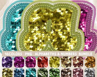 Alphabet Bundle PNG Faux Sequins Embroidery stitched Patch - 16 colors numbers, retro chenille letters, special characters, sublimation,DTF