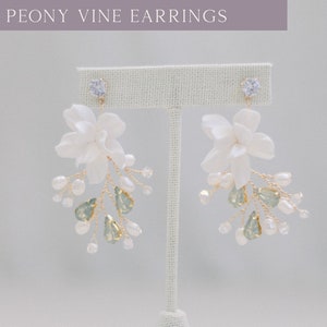 White Peony Flower Pearl Earrings, Long Bridal Jewelry, Bridal Earrings, Crystal Bridal Earrings, Statement Earrings, Handmade Earrings