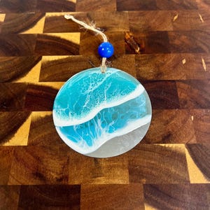 Ocean Wave Metal Christmas Ornament: Beach Resin Art (3.5”)