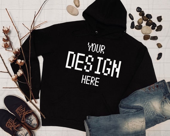 Gildan Hooded SweaT-Shirt Brand Black Hoodie Mockup Jeans Sneakers Gildan Hooded SweaT-Shirt Brand Black Hoodie Mockup Jeans Sneakers