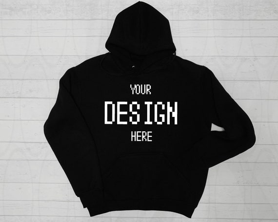 Hooded SweaT-Shirt Brand Black Hoodie Mockup White Wooden Background