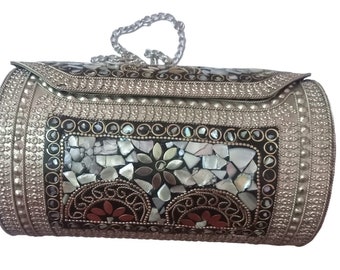Silver Mosaic Mother of Pearl Clutch(Cylinder)