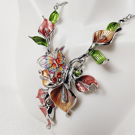 Pink Orange Enamel Floral Butterfly Necklace Earr… - image 5