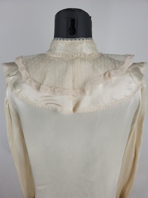 70'S Gunne Sax Gunnies stand-up collar long sleeve ruffle blouse for women size S polyester white type Vintage Second Hand