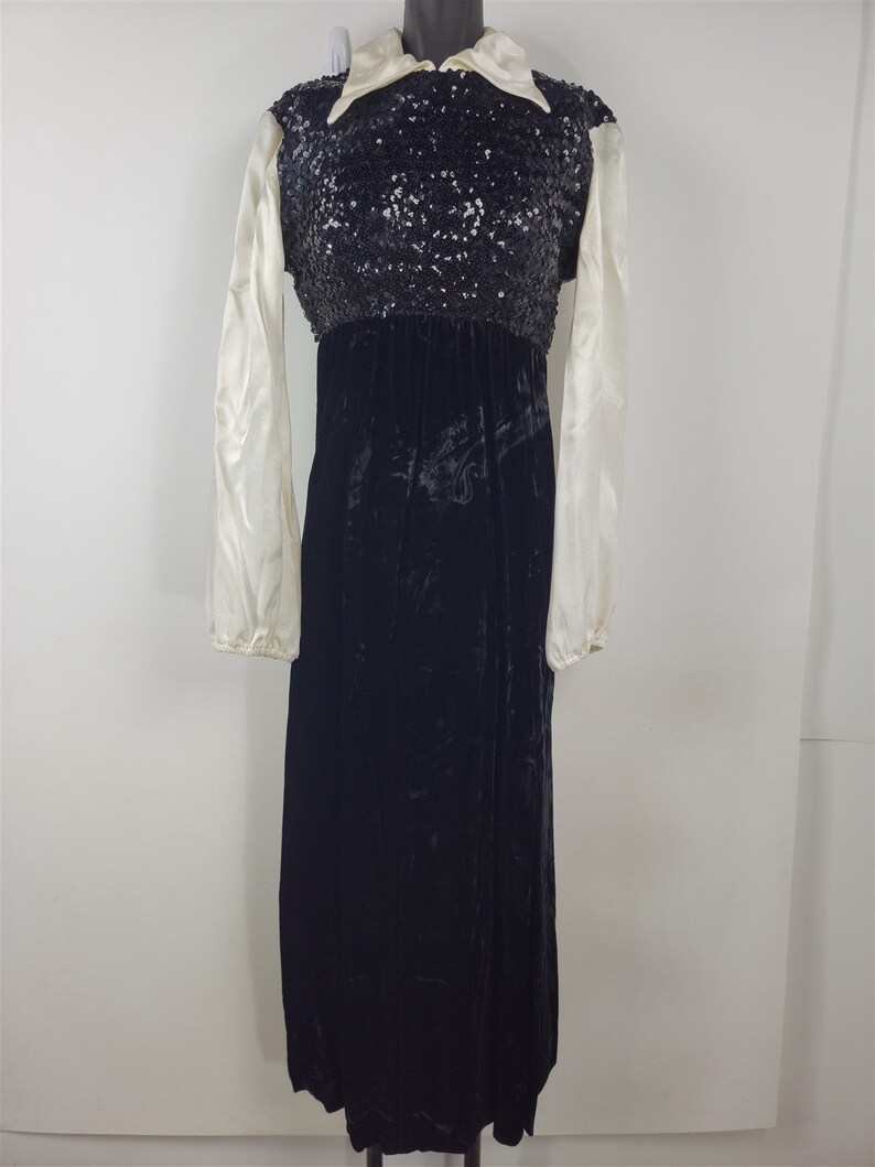 Vintage 1970s Long Velvet Sequin Gown Dress Long Sleeved & Collared image 1