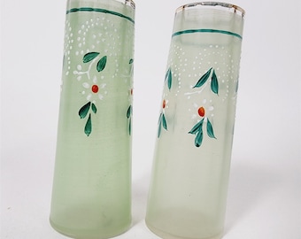 2 Vintage Handmade Hand Painted Small Green Glass Vases Floral Gold Rim - 4 1/8"