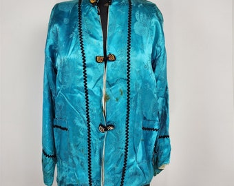 Vintage Asian Bright Blue Mandrin Collar Frog Closure Long Sleeve Shirt - Stains