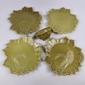 5 Pc Woodfield Steubenville Golden Fawn Green Leaf Snack Tea Set 1 Cup 4 Plates