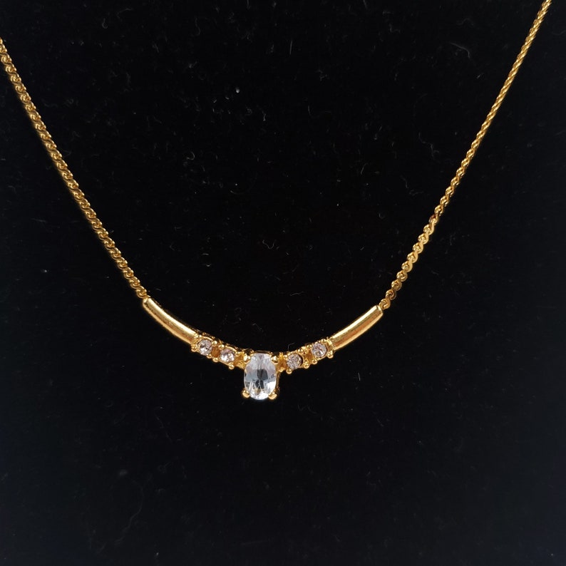 19 Vintage Gold Tone Chain Minimalist Necklace Light Blue Rhinestone