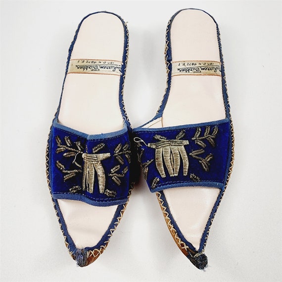 Vintage Turkish Ottoman Leather Silk Slippers Blu… - image 1