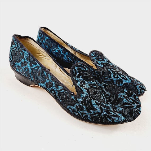 Vintage Black & Blue Wellco Brocade Embroidered S… - image 1