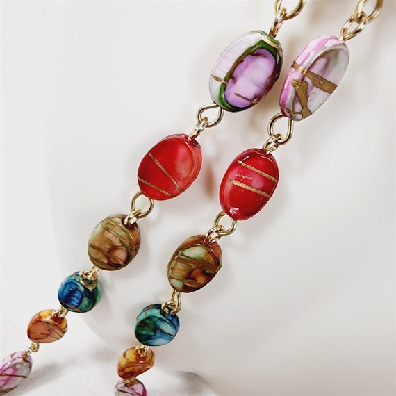 Vintage Colorful Painted Flapper Necklace w/ Gold… - image 2