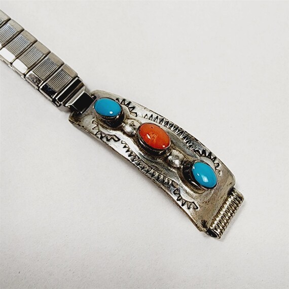 Vintage Native American Silver Turquoise Coral Wa… - image 4