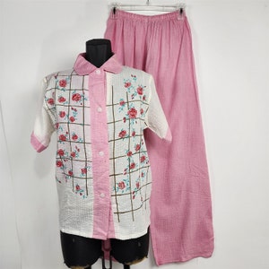 Vintage 1950s Carol Brent Lingerie Pink White Top & Pants Pajama PJ Set