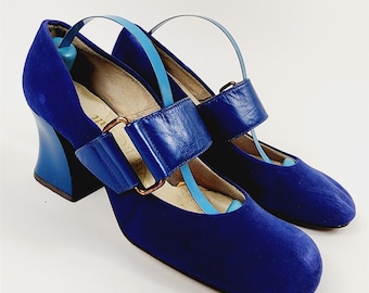 Vintage 1960s Quali Craft Blue Suede Leather Mary Jane Asymmetric Block Heels