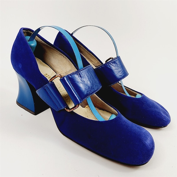 Vintage 1960s Quali Craft Blue Suede Leather Mary Jane Asymmetric Block Heels