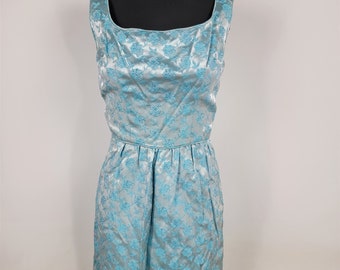 Vintage 1950s-60s Light Blue Floral Brocade Dress Womens XS