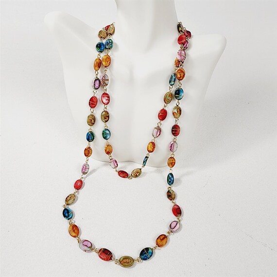 Vintage Colorful Painted Flapper Necklace w/ Gold… - image 1