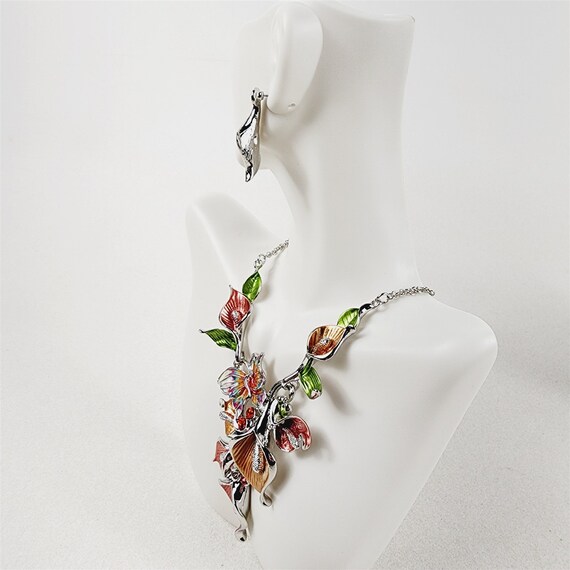 Pink Orange Enamel Floral Butterfly Necklace Earr… - image 4