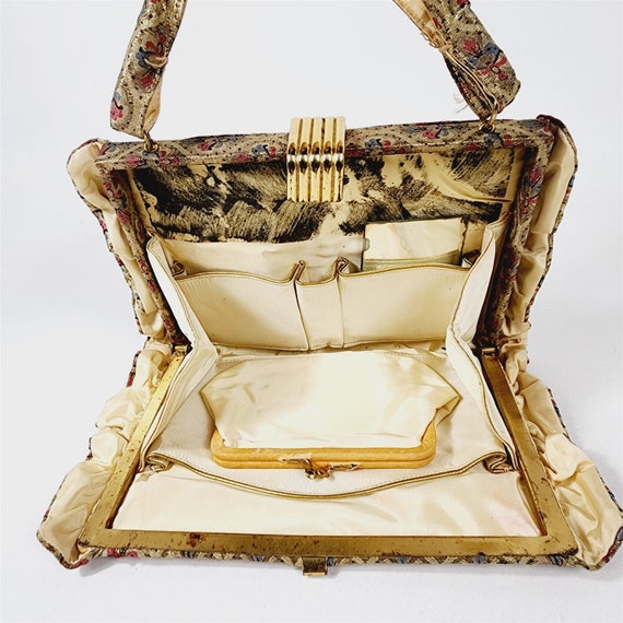 Vintage Floral Gold Cloth Floral Ruffled Handbag … - image 3