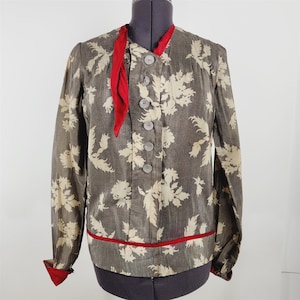 Vintage Hand Sewn Long Sleeve Floral Blouse Red Necktie Button Front Womens S/M