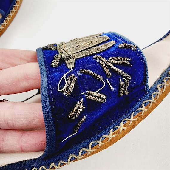 Vintage Turkish Ottoman Leather Silk Slippers Blu… - image 3
