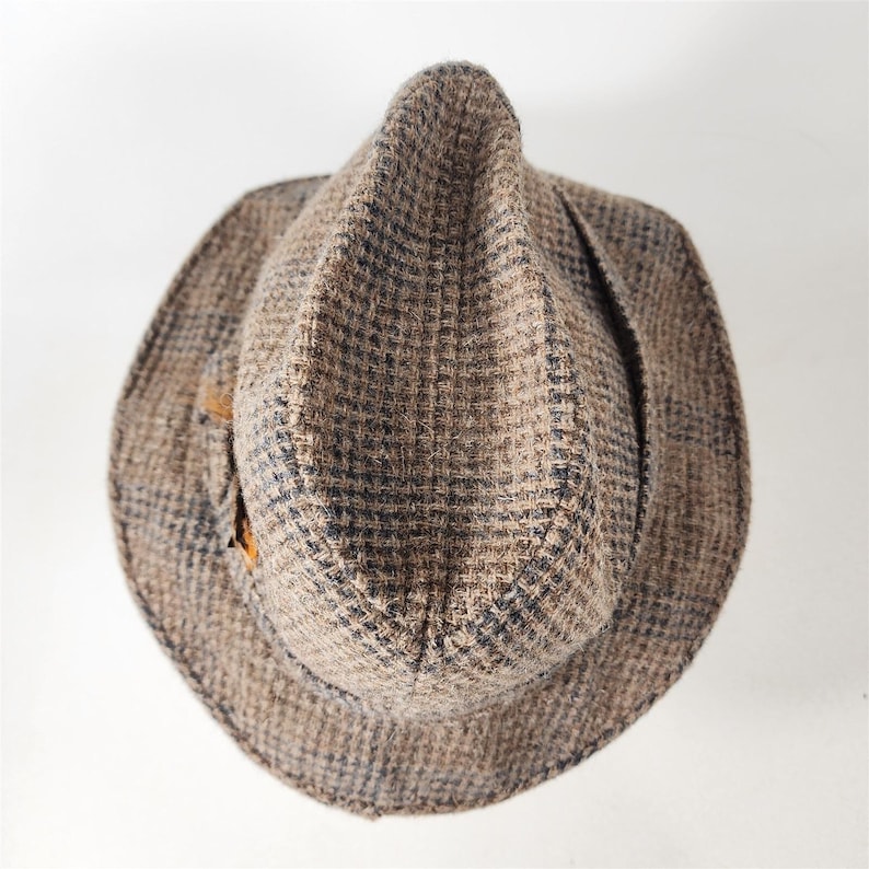 May include: A brown tweed fedora hat with a plaid pattern. The hat features a small feather accent on the side. The hat has a classic, vintage style.