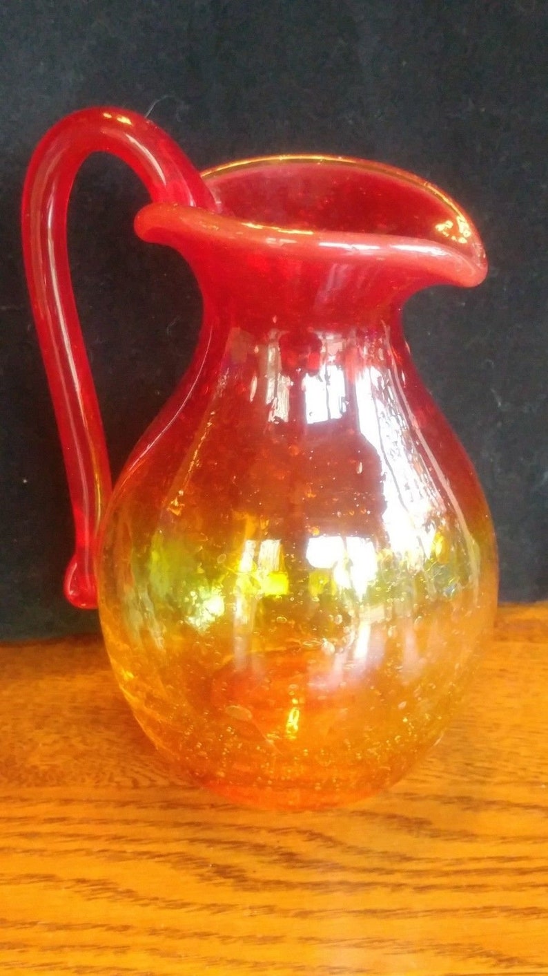 Vintage Hand Blown Red Orange Yellow Glass Pitcher Vase Etsy