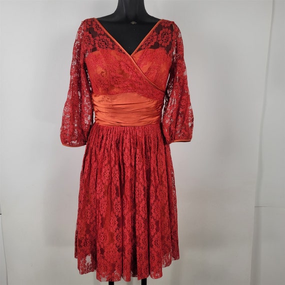 Vintage 1950s-60s Red & Orange Floral Lace Formal… - image 1