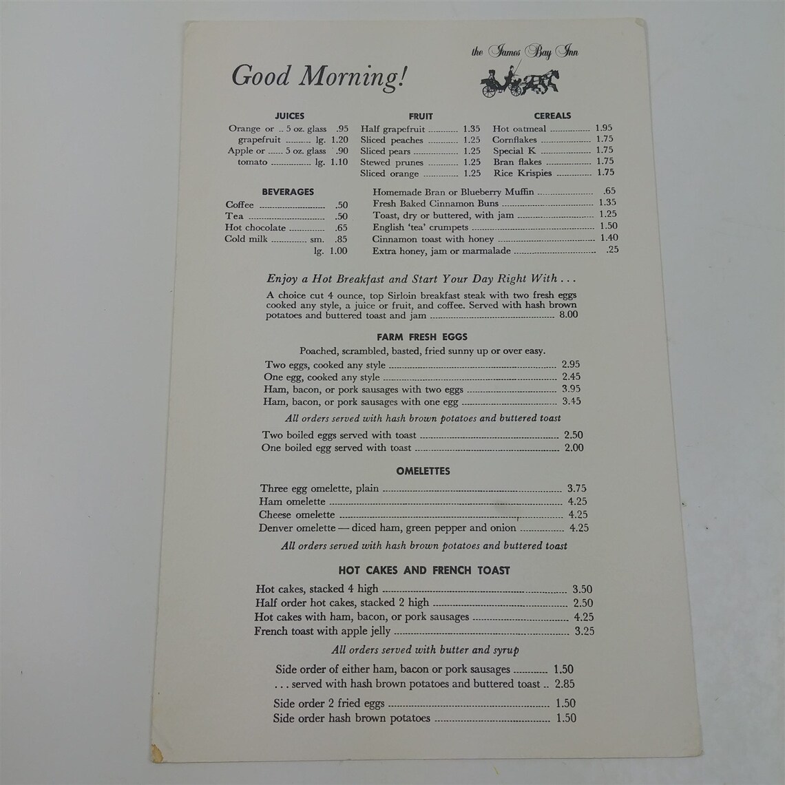 The James Bay Inn Vintage Menu Breakfast Good Morning Etsy