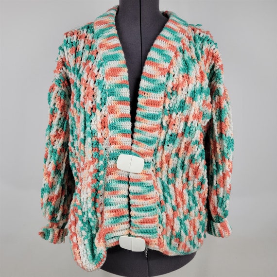 Vintage Hand Knit Crochet Cardigan Sweater Peach … - image 1