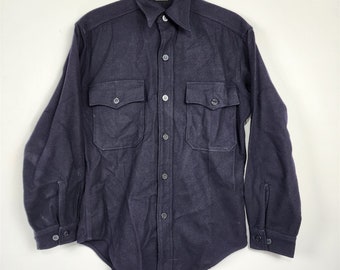 Vintage US Navy Military Martin Mfg Blue Anchor Buttons Flannel Wool Shirt 14x31