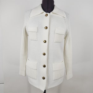 Vintage White Knit Long Sleeve Collared Button Front Sweater Jacket Womens S/M
