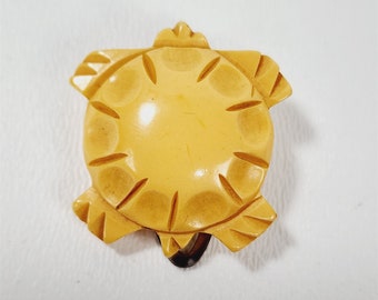 Vintage Butterscotch Bakelite Carved Turtle Dress Lapel Clip