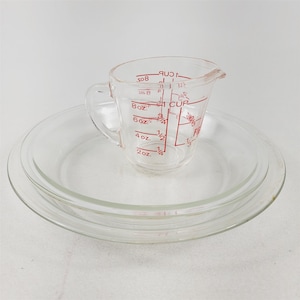 3 Piece Fire King 1 Cup Measuring Cup #496 & 2 Pyrex Pie Plates 8&quot; #208, 9&quot; #209