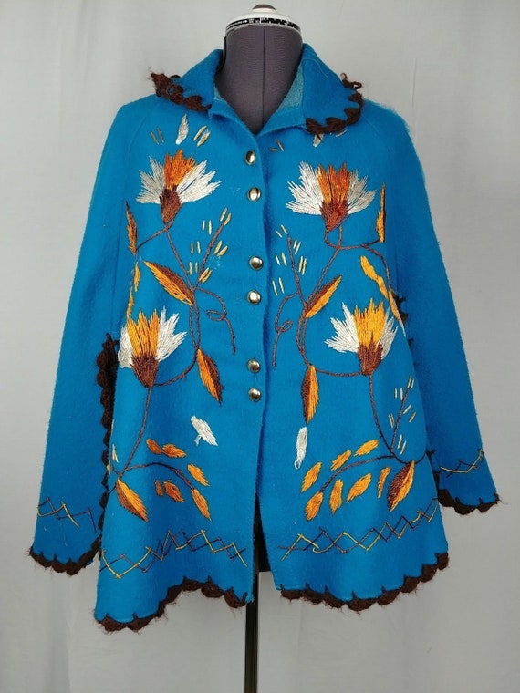 Womens Blue Handmade Button Up Poncho Brown Flora… - image 1