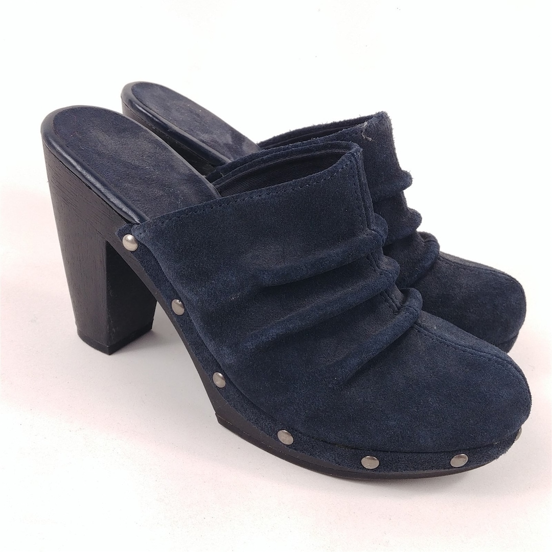 Mia Clogs Black Seude 2 1 2 Block Heel Rouched Stud Detail
