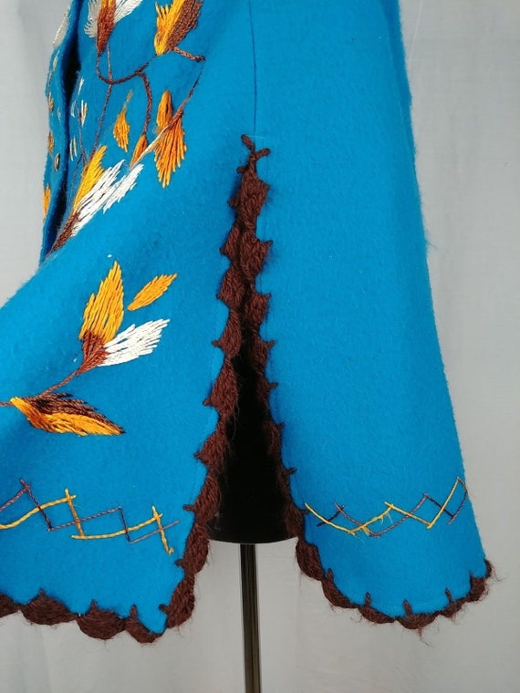 Womens Blue Handmade Button Up Poncho Brown Flora… - image 3