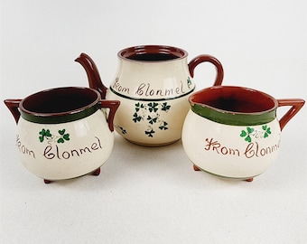 3 pc Vintage Carrig Ware From Clonmel Ireland Creamer Sugar Bowl Teapot Shamrock